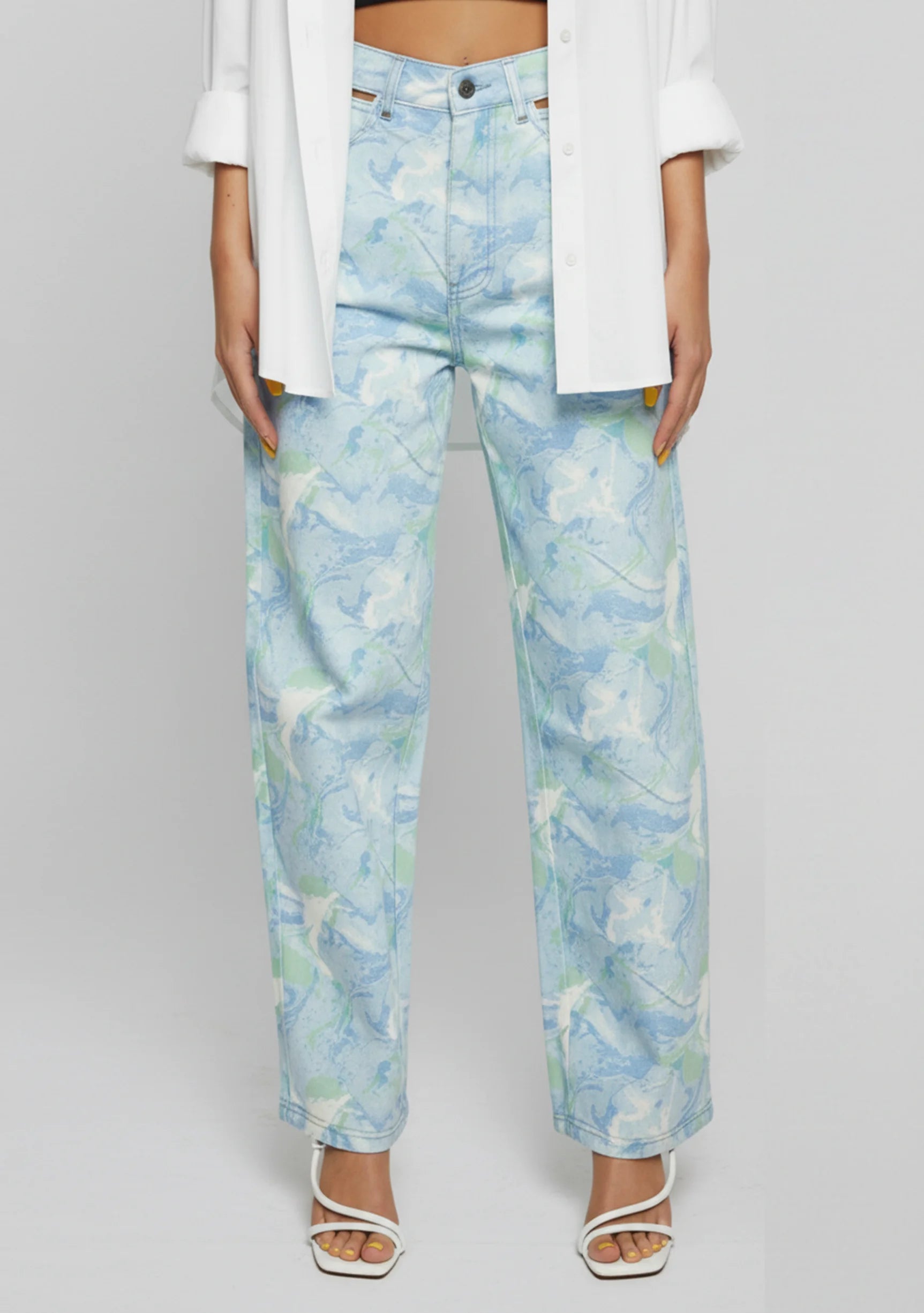 Leg detail of Womens Psychedelic Marble jeans straight leg print