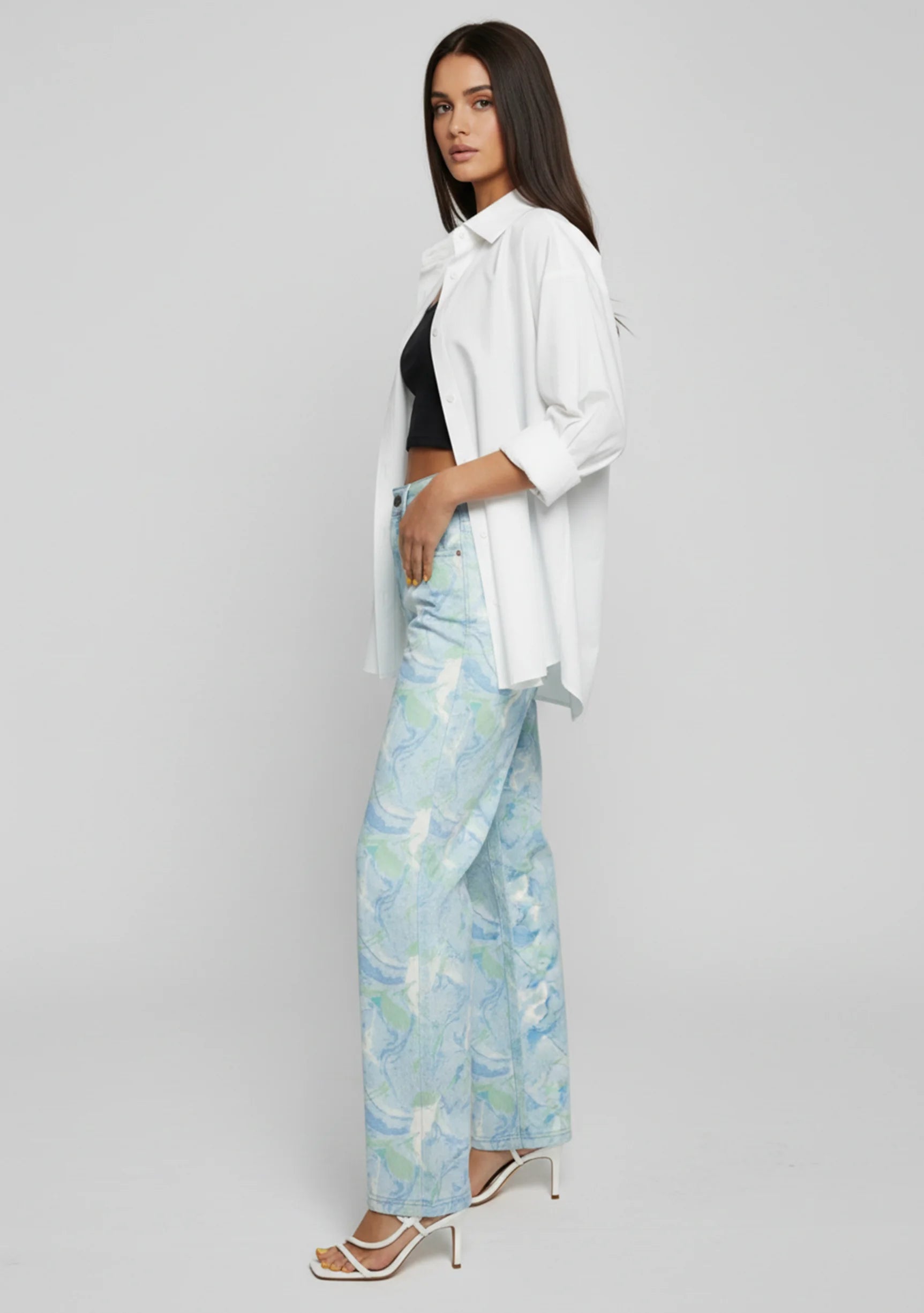 Side view of Womens Psychedelic Marble jeans showing marble print