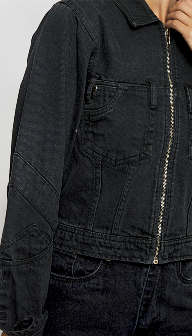 womens regular fit denim jacket black wash chest pocket snap button detail
