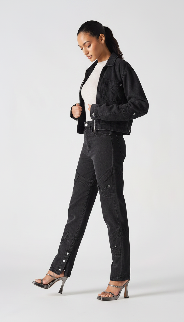 womens regular fit denim jacket black wash side view walking pose