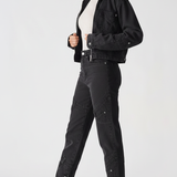 womens regular fit denim jacket black wash side view walking pose