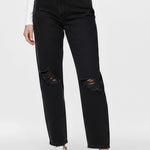 Close-up front view highlighting the ripped knees on Women's Ripped Black Wash Straight Jeans