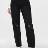 Close-up front view highlighting the ripped knees on Women's Ripped Black Wash Straight Jeans