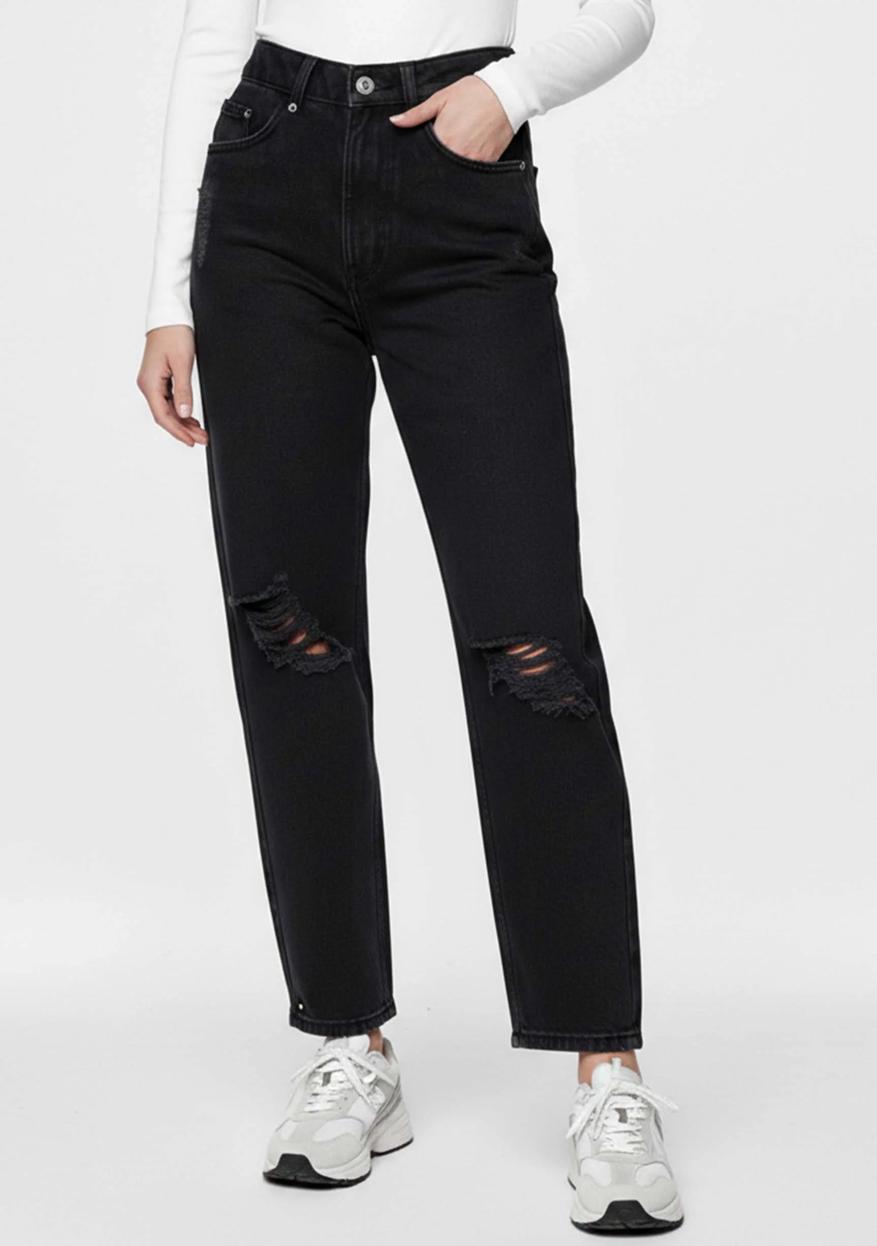 Close-up front view highlighting the ripped knees on Women's Ripped Black Wash Straight Jeans