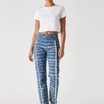 Model walking towards camera in Women's Vintage Frayed Edge Mist Blue Jeans