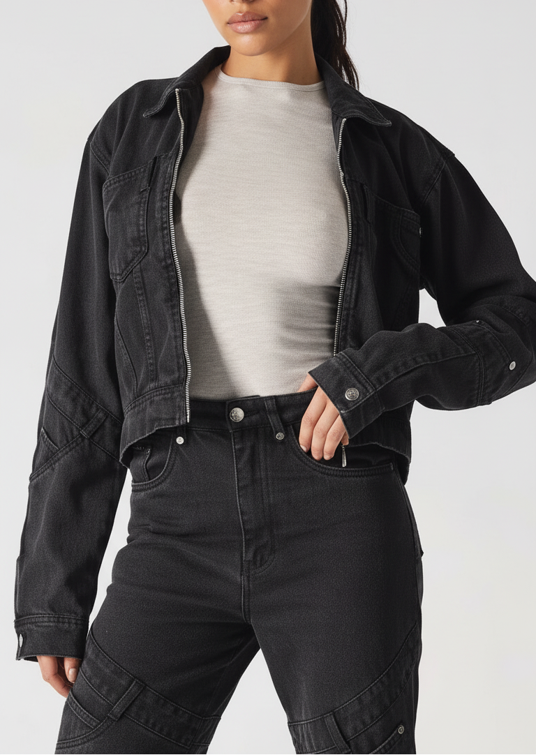 womens zip front denim jacket black wash close up detail