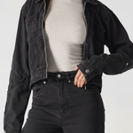 womens zip front denim jacket black wash close up detail