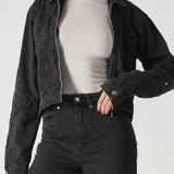 womens zip front denim jacket black wash close up detail