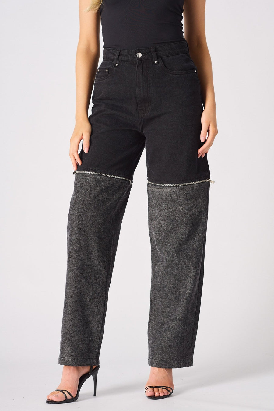 ZARIA 2 - in - 1 Detachable Wide Leg Jeans - Black Acid Wash - JMOJO - Women's Wide leg Jeans Detachable
