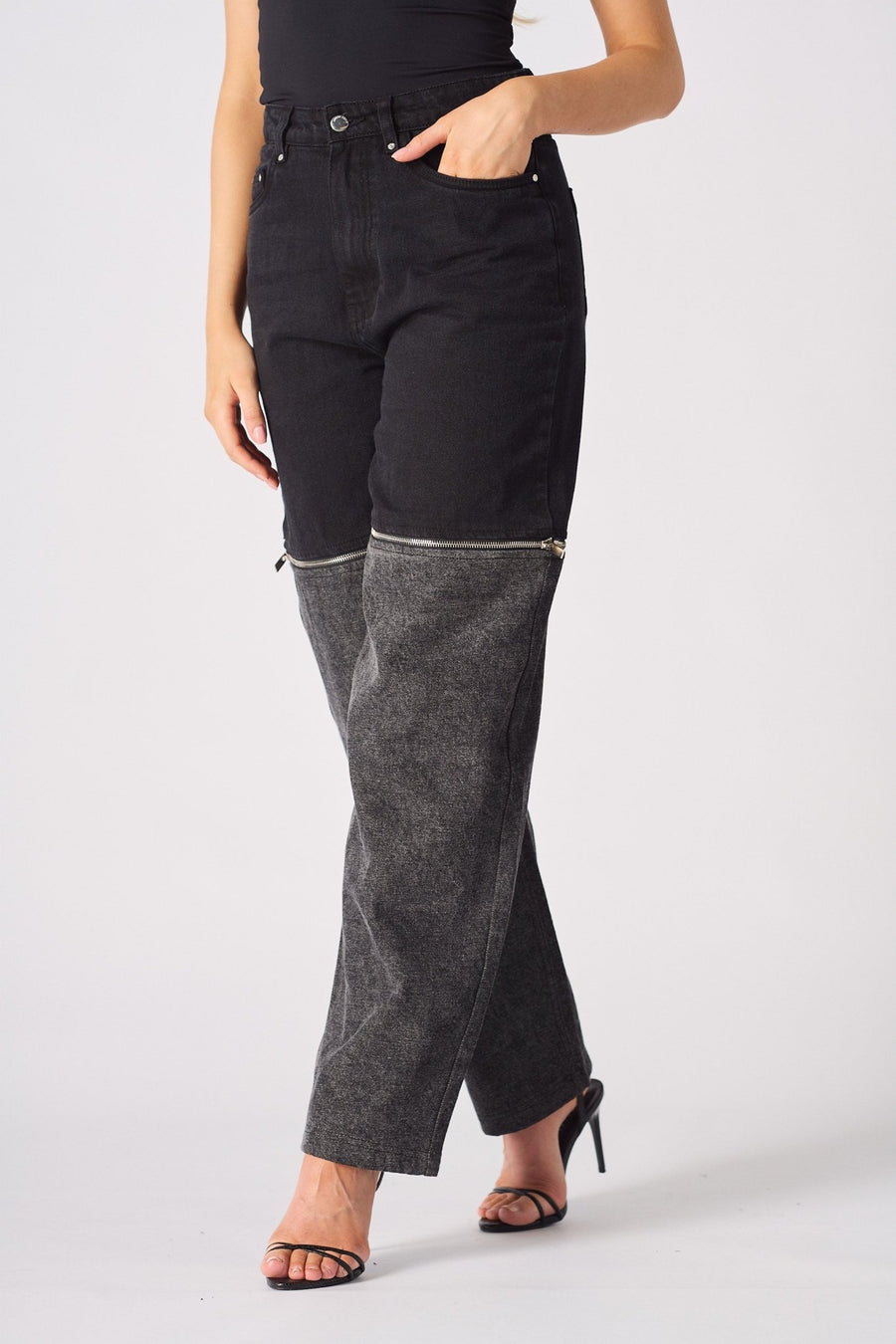 ZARIA 2 - in - 1 Detachable Wide Leg Jeans - Black Acid Wash - JMOJO - Women's Wide leg Jeans Detachable