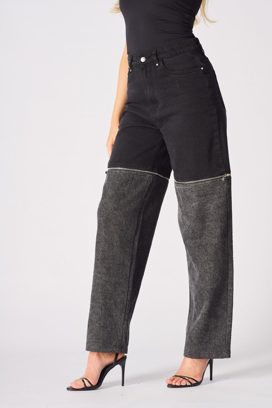 ZARIA 2 - in - 1 Detachable Wide Leg Jeans - Black Acid Wash - JMOJO - Women's Wide leg Jeans Detachable