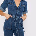 ZIP UP DENIM JUMPSUIT - BLUE ACID WASH - JMOJO - Women's Denim Jumpsuits