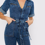 ZIP UP DENIM JUMPSUIT - BLUE ACID WASH - JMOJO - Women's Denim Jumpsuits