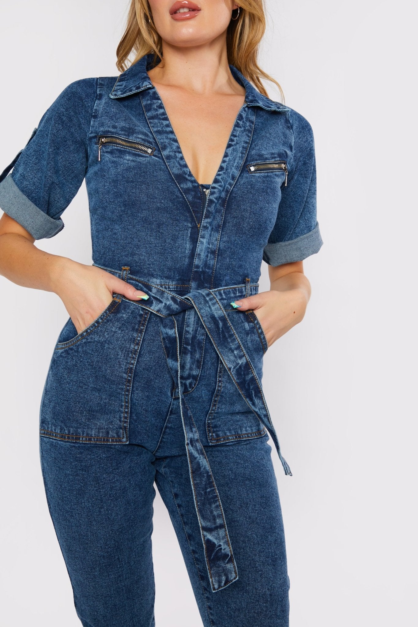 ZIP UP DENIM JUMPSUIT - BLUE ACID WASH - JMOJO - Women's Denim Jumpsuits