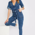 ZIP UP DENIM JUMPSUIT - BLUE ACID WASH - JMOJO - Women's Denim Jumpsuits