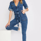 ZIP UP DENIM JUMPSUIT - BLUE ACID WASH - JMOJO - Women's Denim Jumpsuits