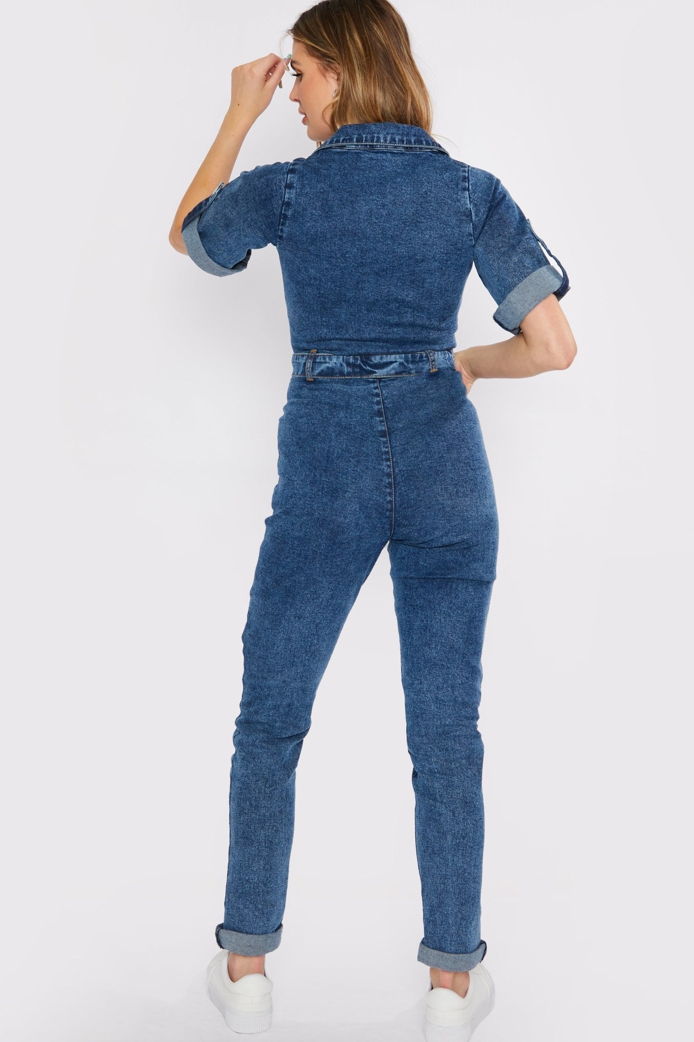ZIP UP DENIM JUMPSUIT - BLUE ACID WASH - JMOJO - Women's Denim Jumpsuits