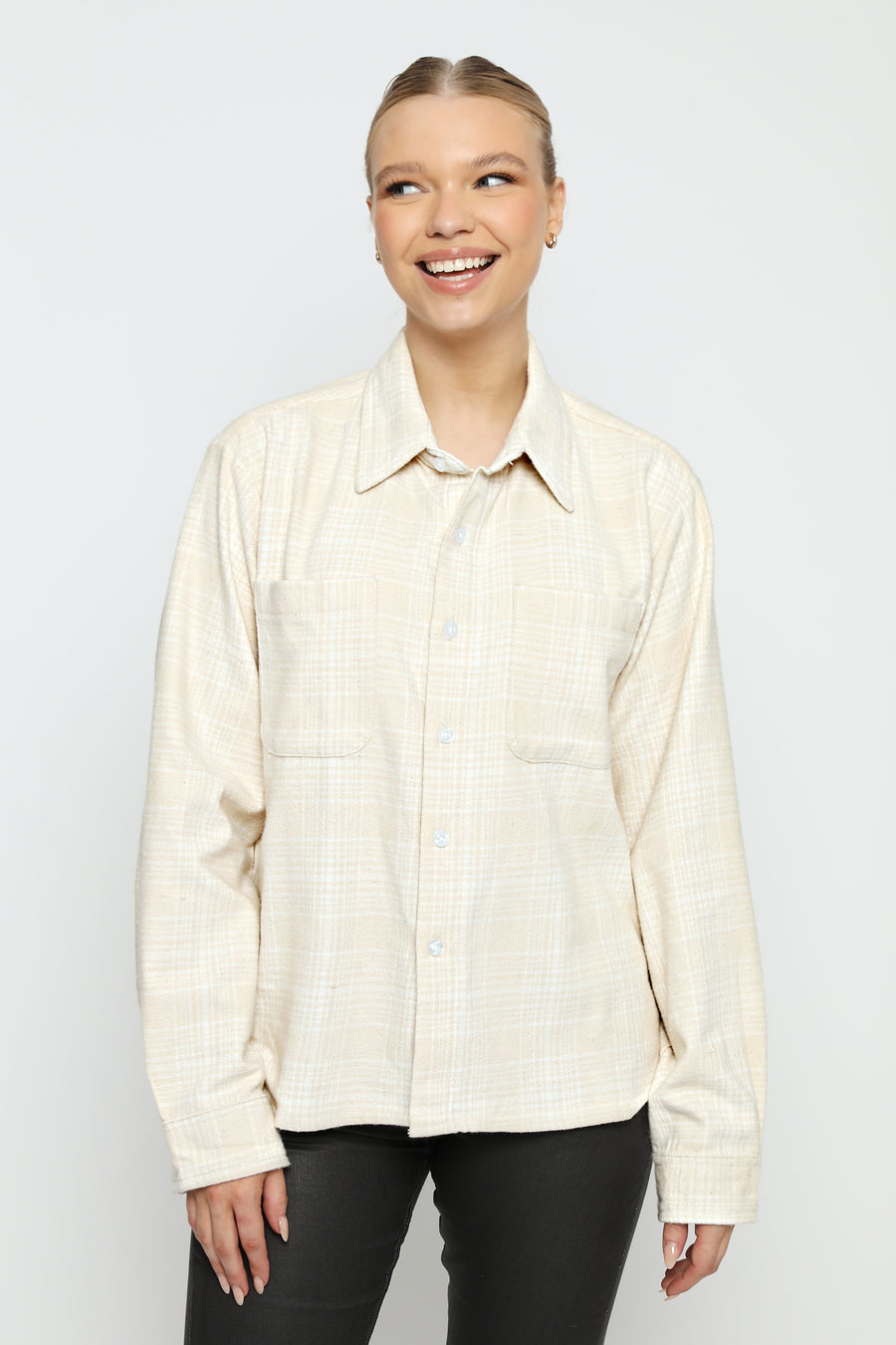 PLAID FLANNEL CHECK SHIRT-BEIGE AND WHITE