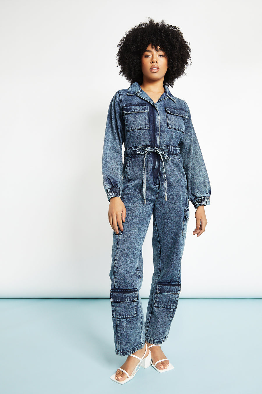 ALL IN ONE DENIM JUMPSUIT - BLUE ACID WASH -  Women's Denim Jumpsuits