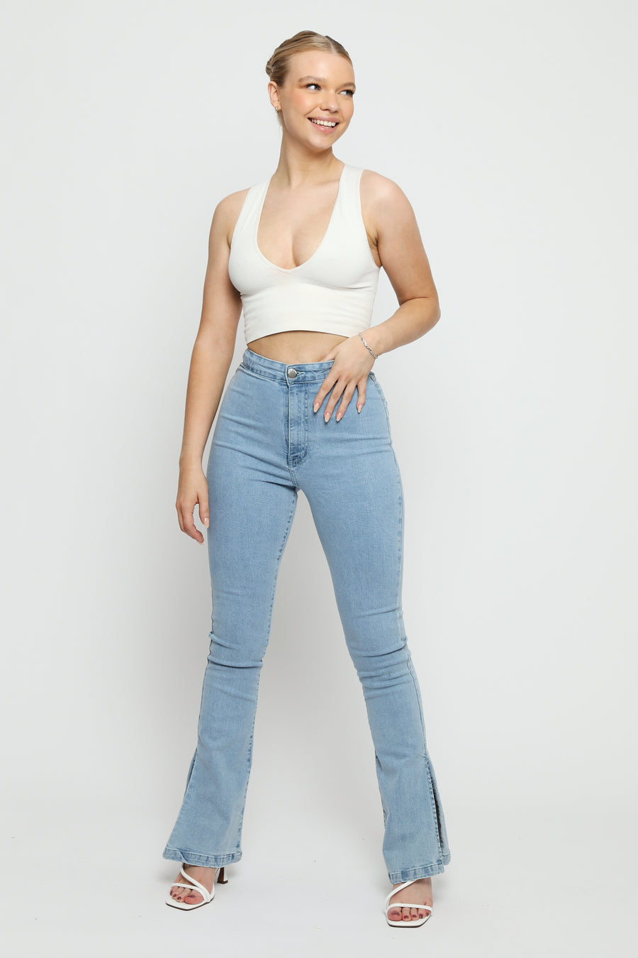 AURELIA High Waisted Split Hem Flare Jeans - Light Blue -  Women's Flare Jeans