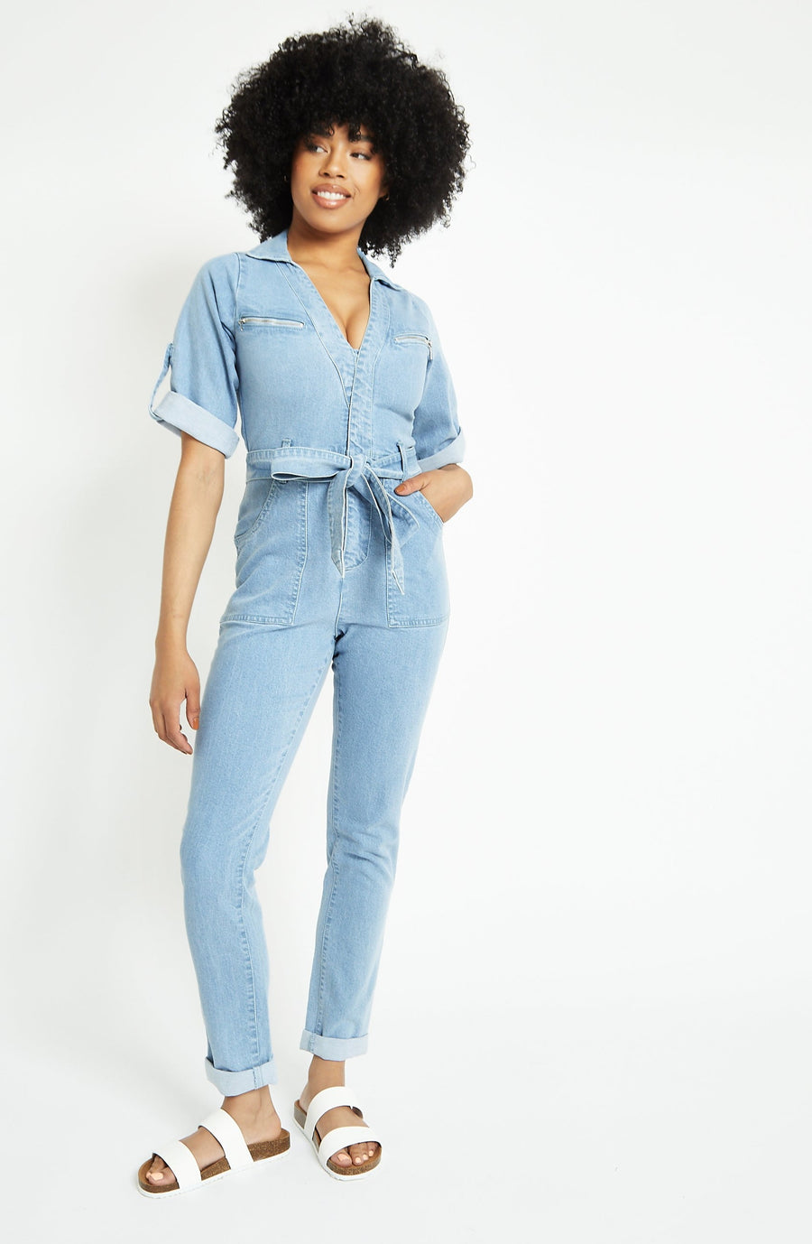 BELTED DENIM JUMPSUIT - LIGHT BLUE WASH -  Women's Denim Jumpsuits