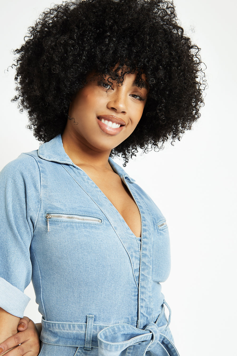 BELTED DENIM JUMPSUIT - LIGHT BLUE WASH -  Women's Denim Jumpsuits