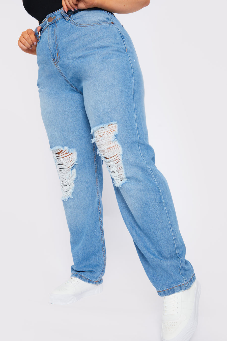 Babine Plus Size High Rise Straight Leg Ripped Jeans - Mid Blue Wash -  Women's Straight Leg Jeans