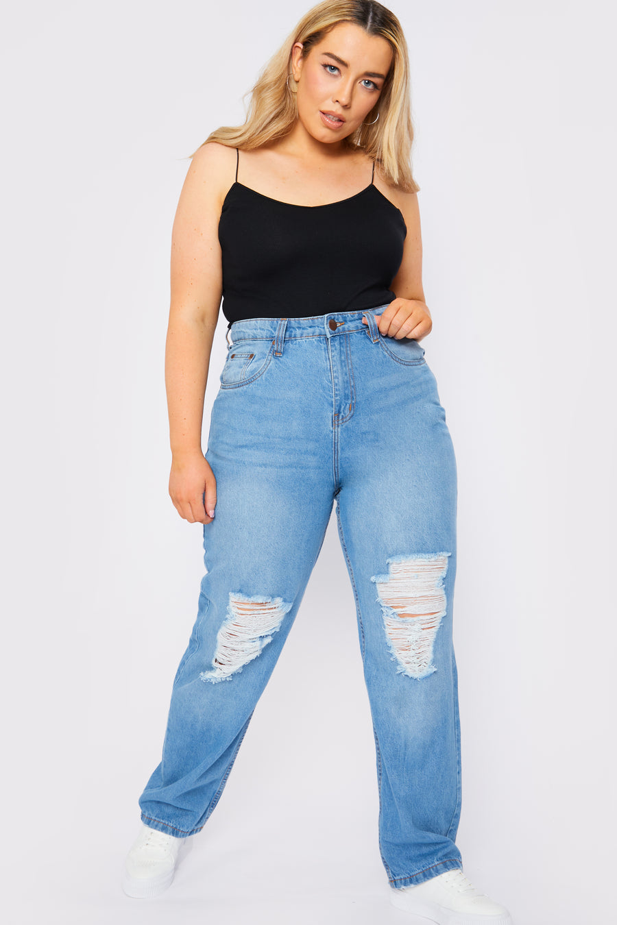 Babine Plus Size High Rise Straight Leg Ripped Jeans - Mid Blue Wash -  Women's Straight Leg Jeans
