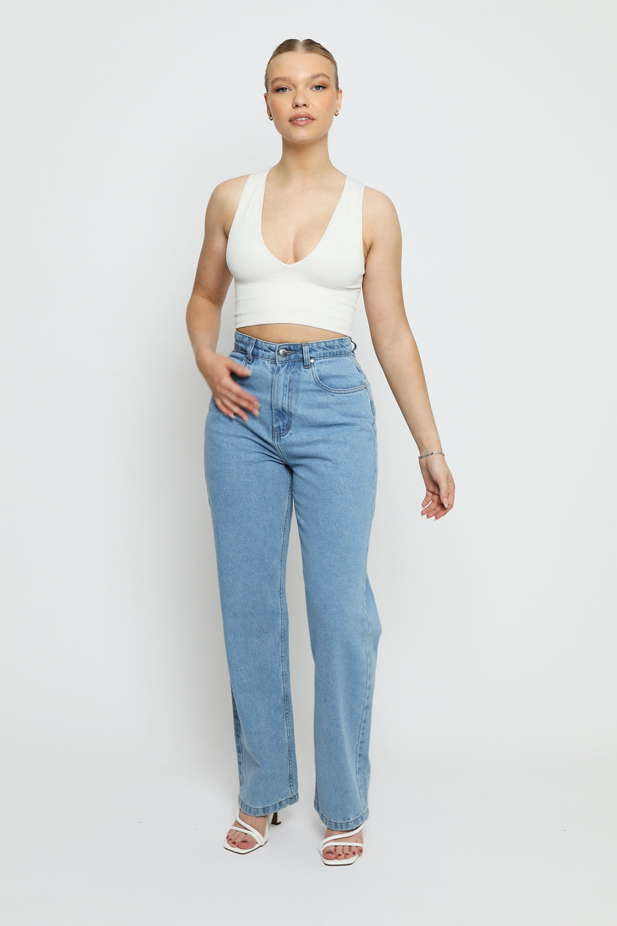 CALIYA High Waisted Wide Leg Jeans - Light Blue Wash -  Women's Wide Leg Jeans