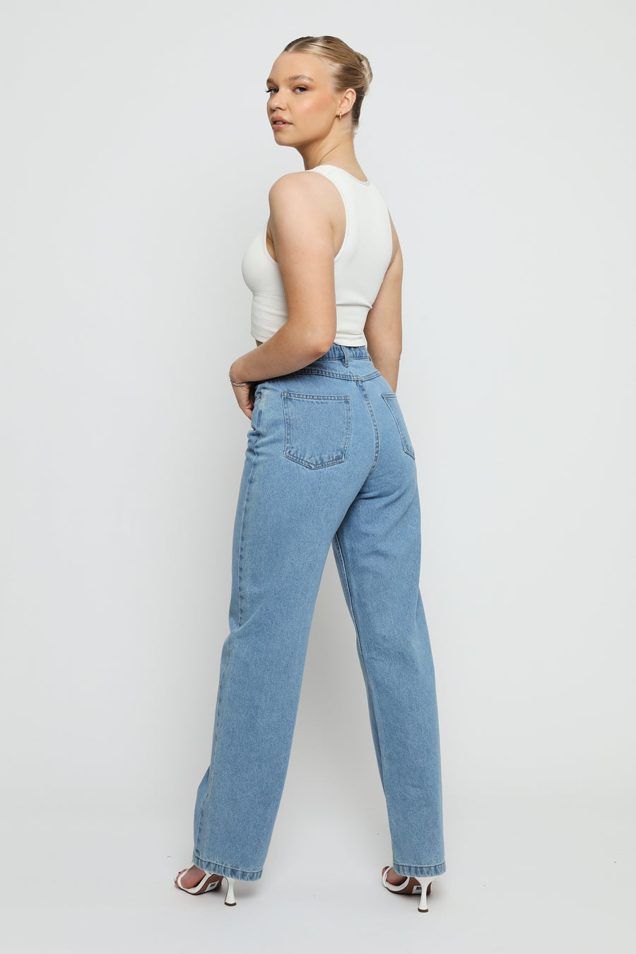 CALIYA High Waisted Wide Leg Jeans - Light Blue Wash -  Women's Wide Leg Jeans