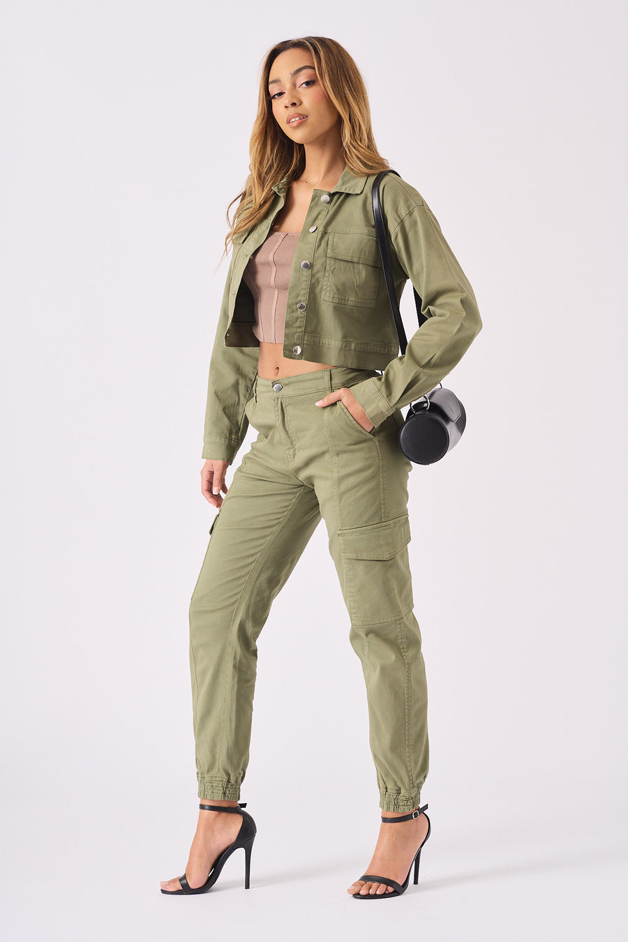 CARGO DENIM CROPPED JACKET - OLIVE GREEN -  Women's Cropped Denim Jackets