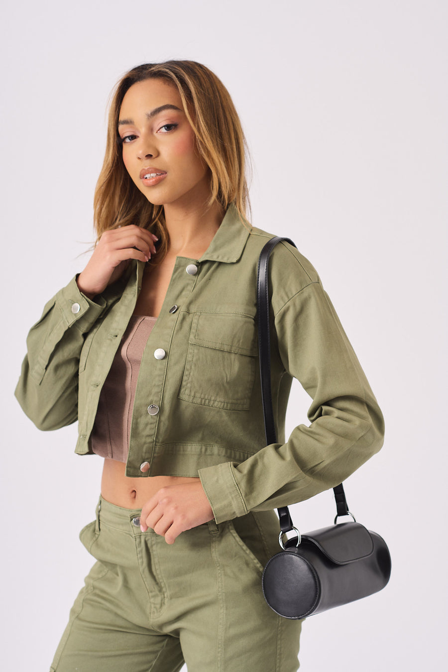 CARGO DENIM CROPPED JACKET - OLIVE GREEN -  Women's Cropped Denim Jackets