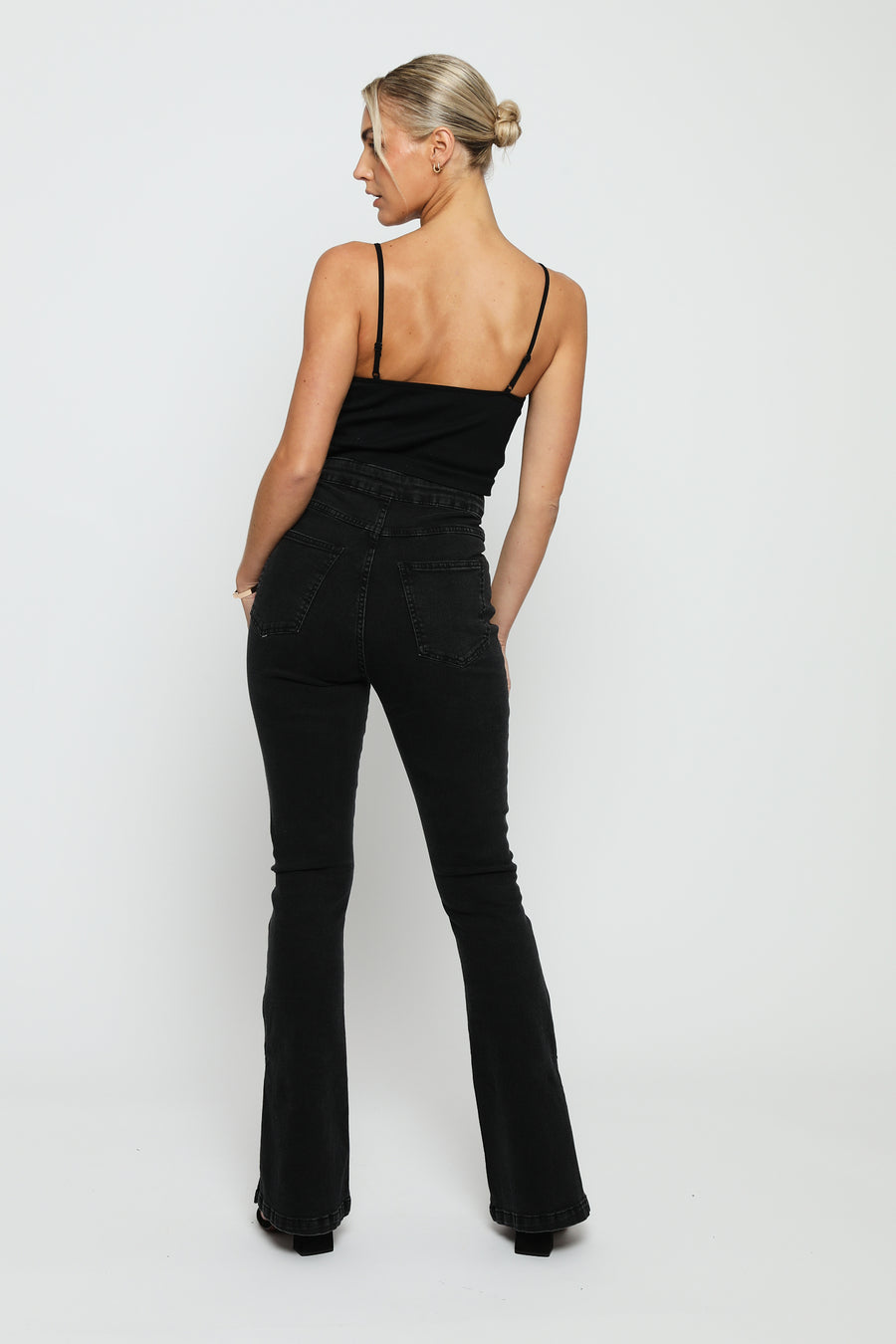 CASSIA Black Split Hem Flare Jeans - Black Wash -  Women's Flare Jeans
