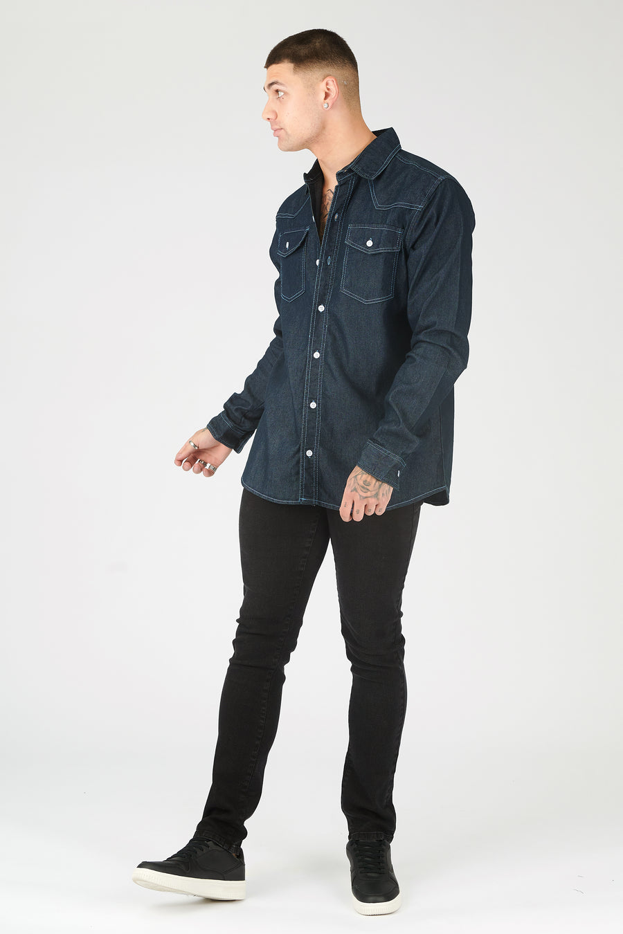 CONTRAST STITCH DENIM SHIRT - DARK INDIGO BLUE -  Men's Denim Shirts