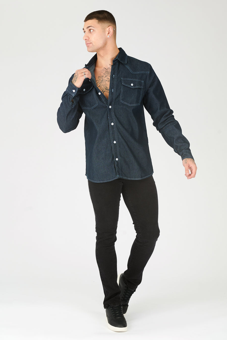 CONTRAST STITCH DENIM SHIRT - DARK INDIGO BLUE -  Men's Denim Shirts