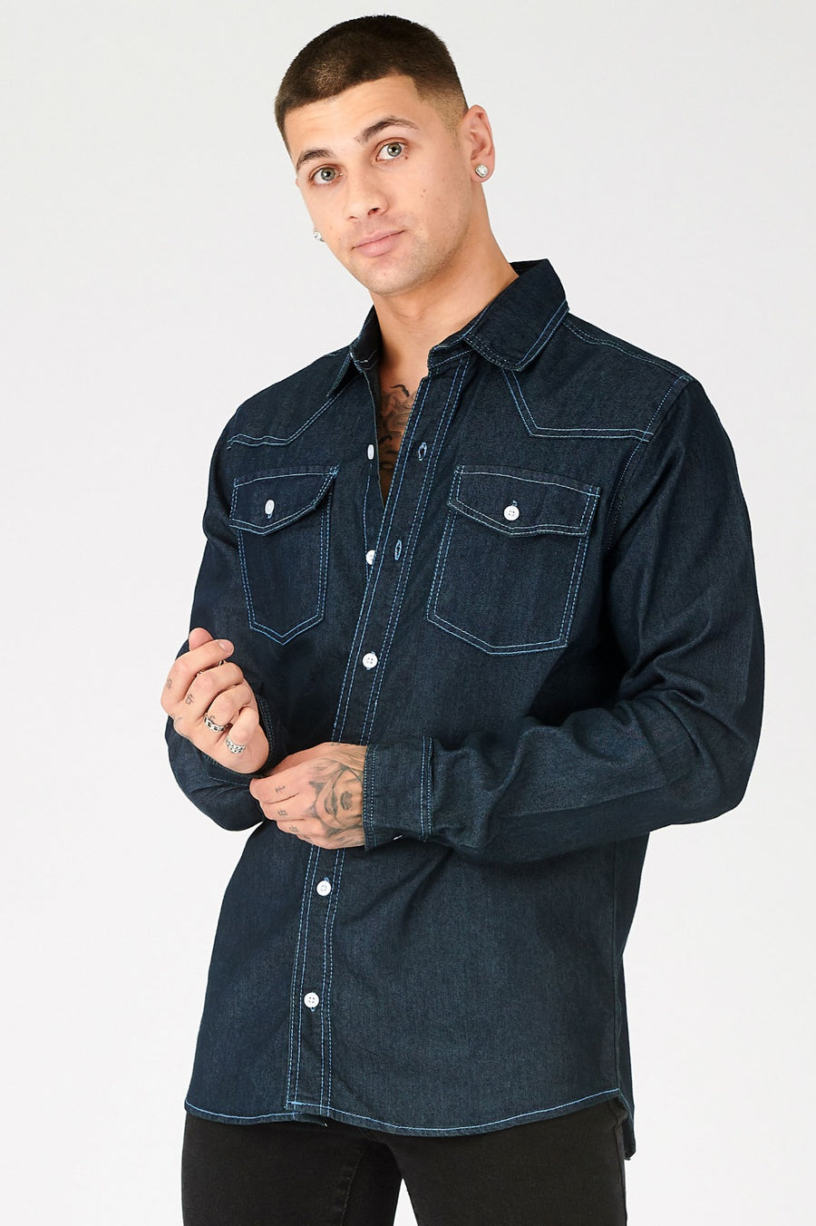 CONTRAST STITCH DENIM SHIRT - DARK INDIGO BLUE -  Men's Denim Shirts