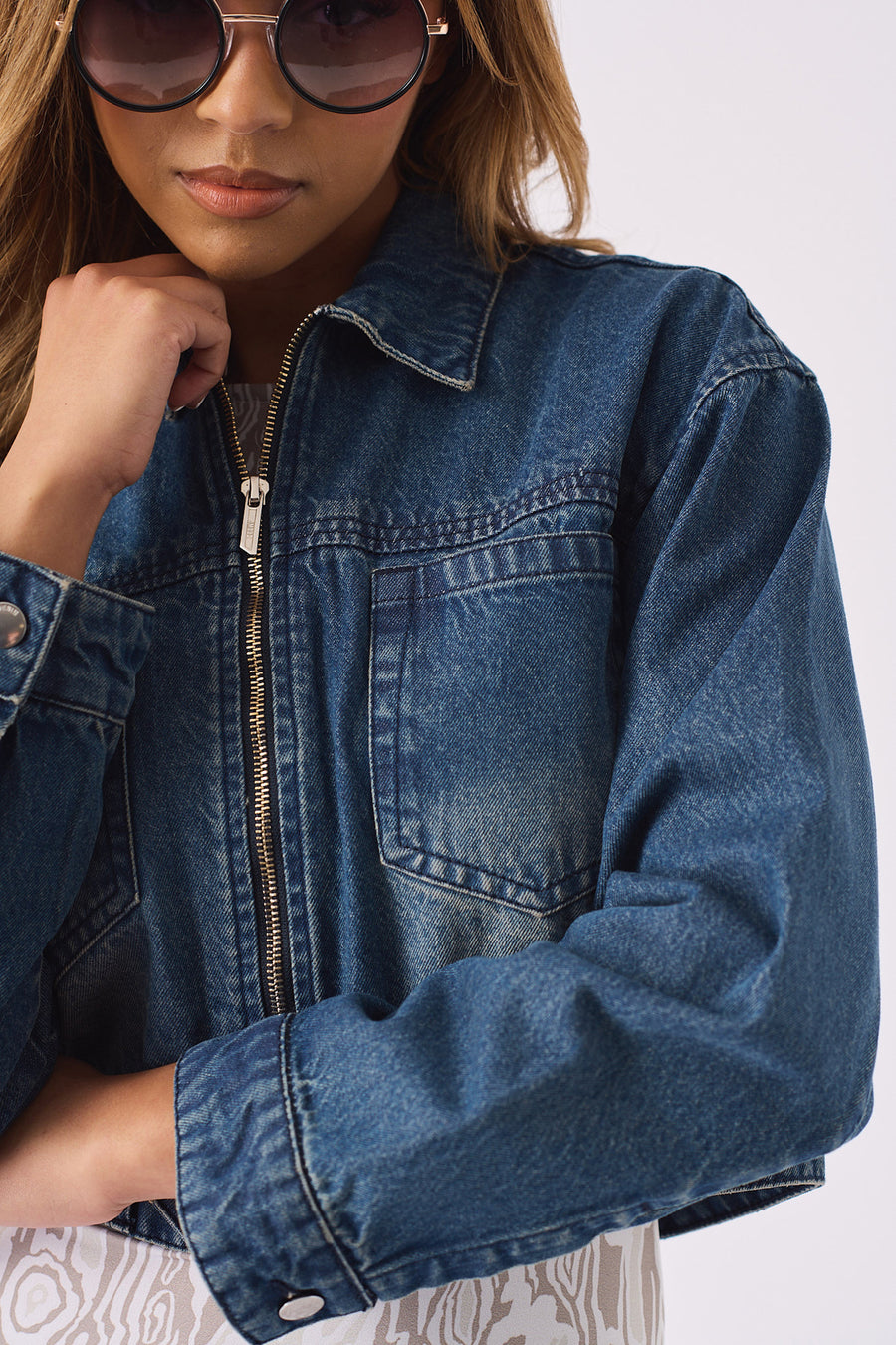 CROPPED DENIM JACKET - BLUE -  Women's Cropped Denim Jackets
