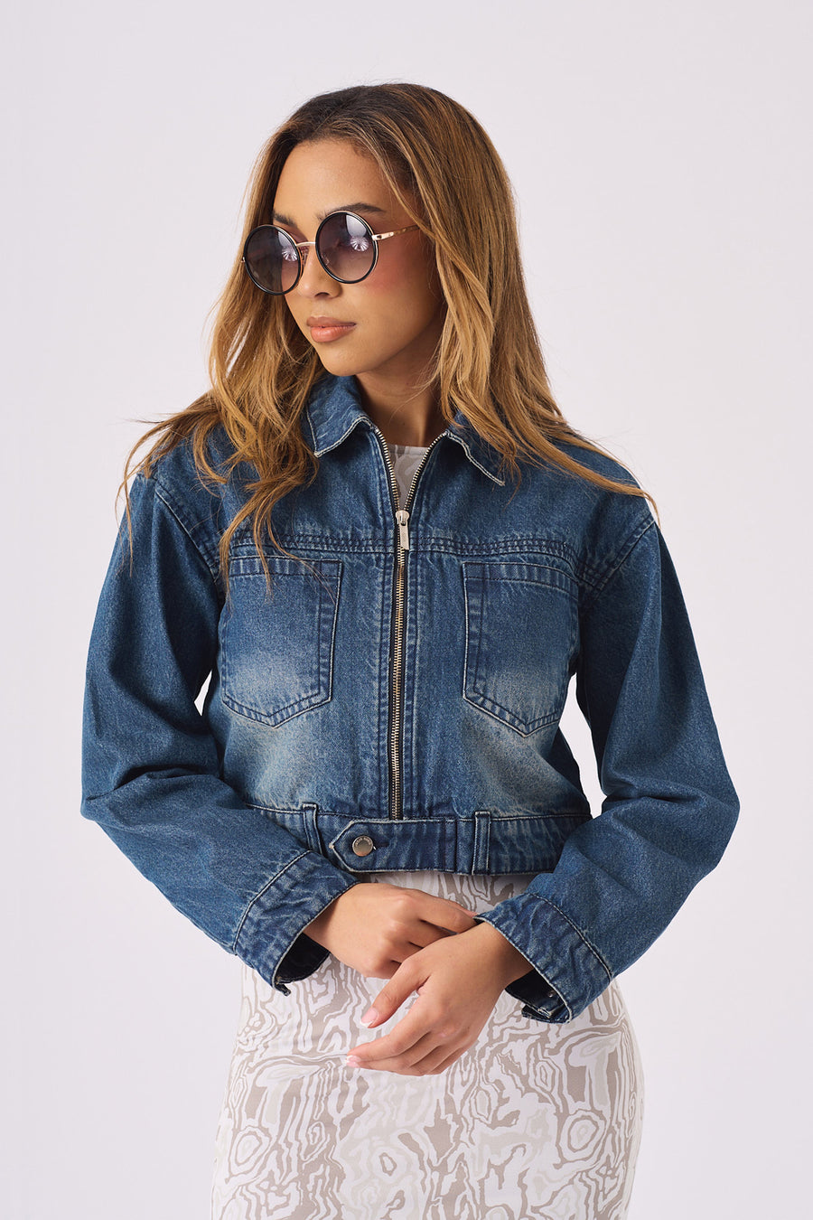 CROPPED DENIM JACKET - BLUE -  Women's Cropped Denim Jackets