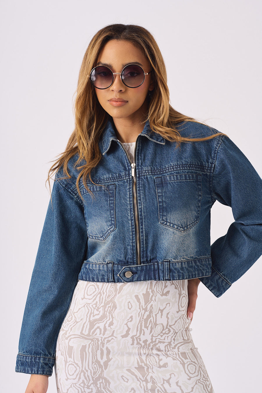 CROPPED DENIM JACKET - BLUE -  Women's Cropped Denim Jackets