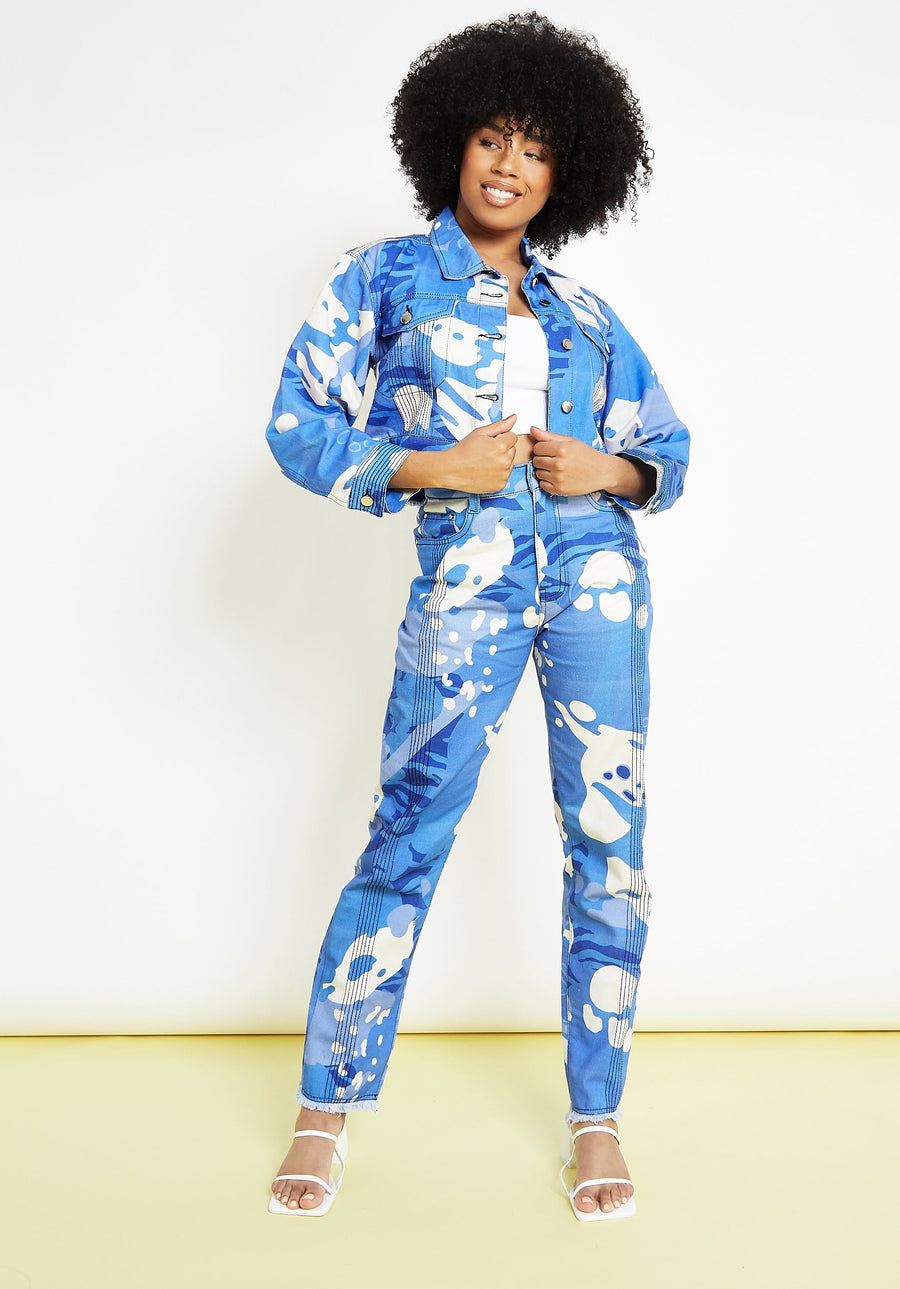 CROPPED DENIM JACKET - BLUE & WHITE -  Women's Printed Cropped Denim Jackets