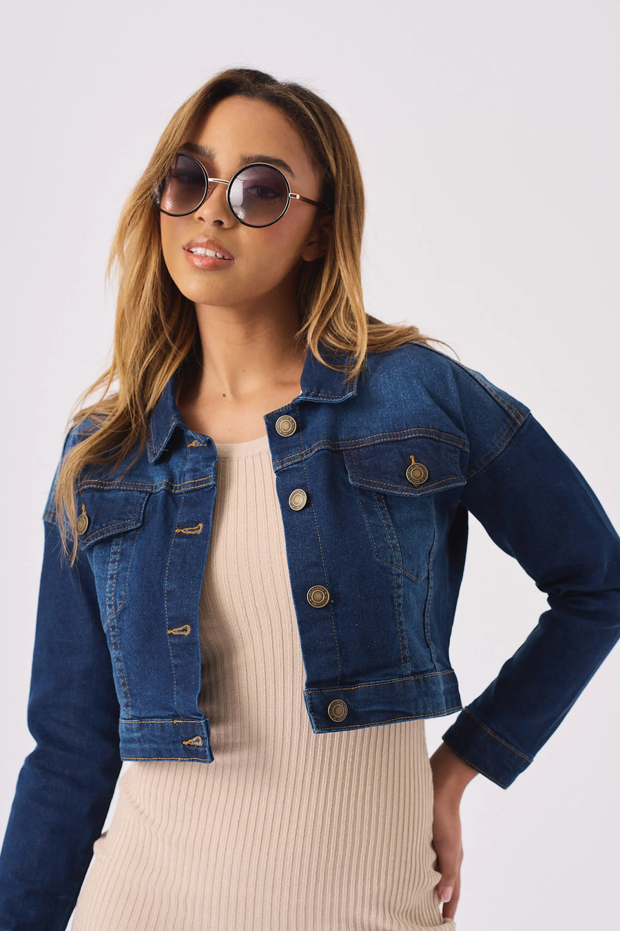 CROPPED DENIM JACKET - MID BLUE -  Women's Cropped Denim Jackets