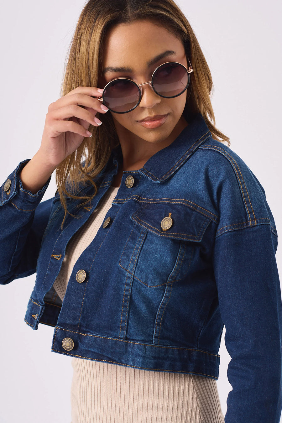 CROPPED DENIM JACKET - MID BLUE -  Women's Cropped Denim Jackets