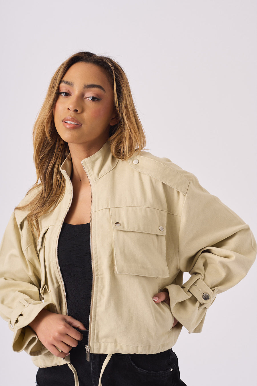 CROPPED DENIM JACKET - STONE -  Women's Cropped Denim Jackets
