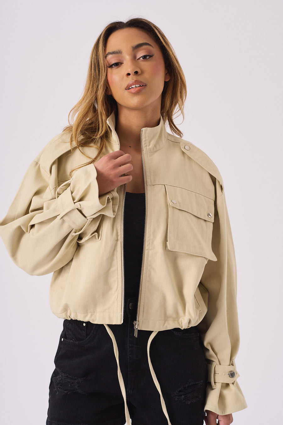 CROPPED DENIM JACKET - STONE -  Women's Cropped Denim Jackets