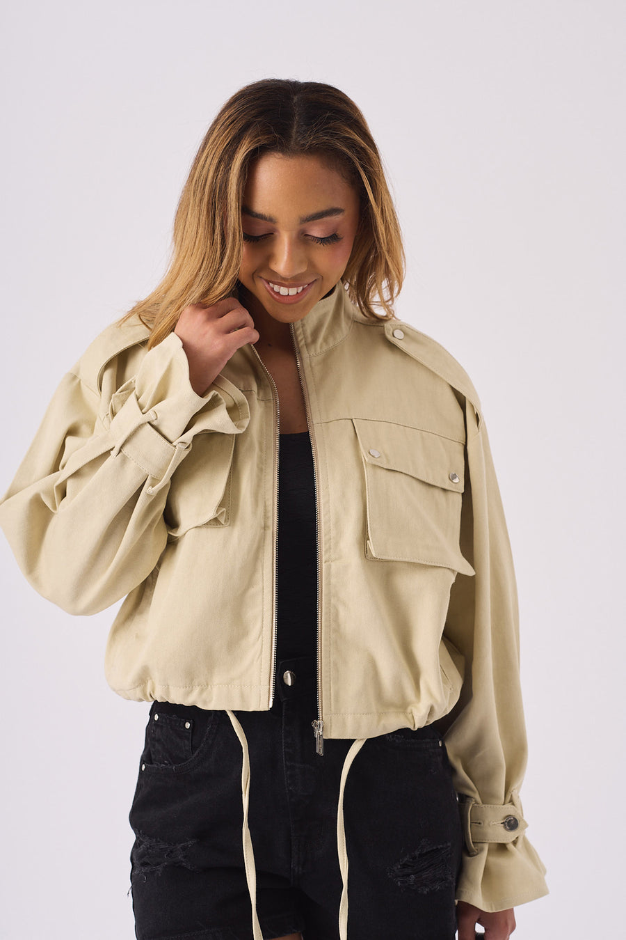 CROPPED DENIM JACKET - STONE -  Women's Cropped Denim Jackets