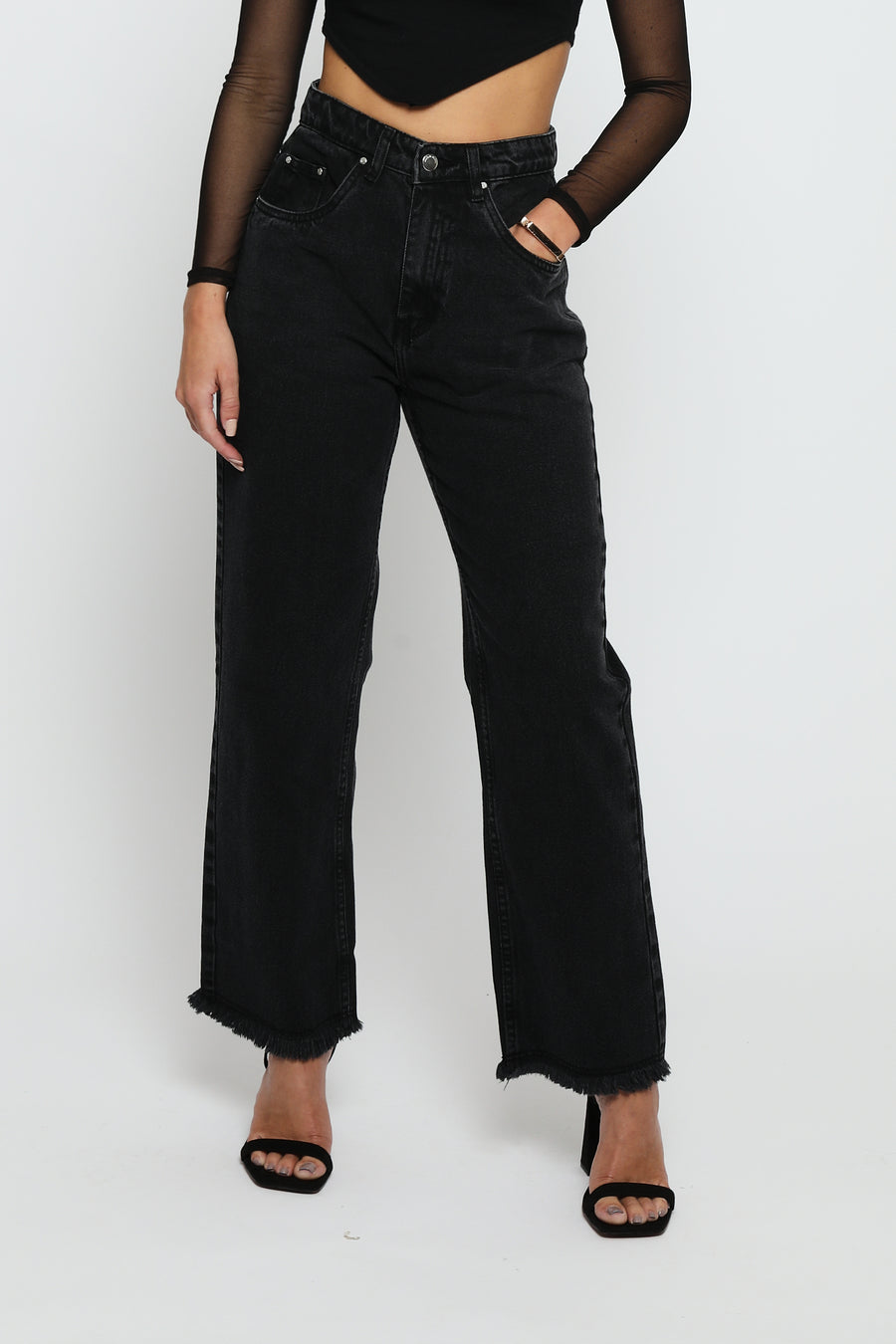 Evora High Rise Straight Leg Frayed Hem Jeans - Black Wash -  Women's Straight Leg Jeans