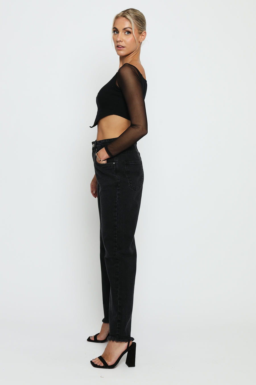 Evora High Rise Straight Leg Frayed Hem Jeans - Black Wash -  Women's Straight Leg Jeans