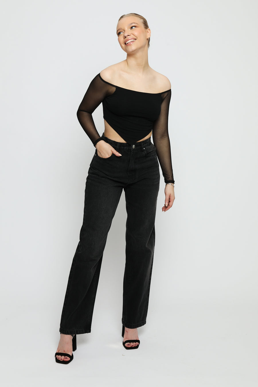 Evora High Waisted Stretch Relaxed Straight Leg Jeans - Black Wash -  Women's Straight Leg Jeans
