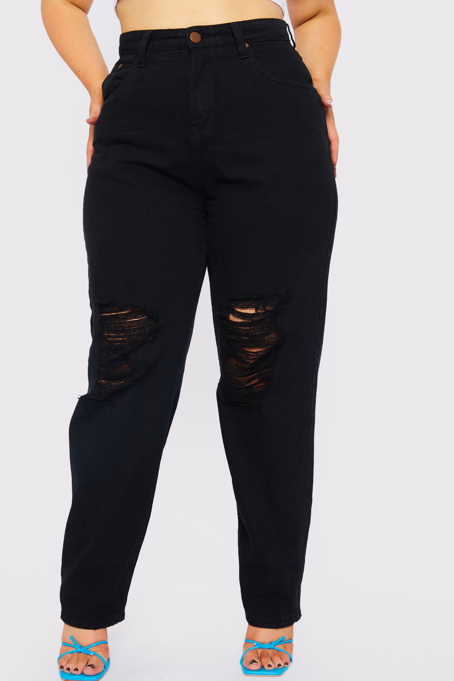 Evora Plus Size High Waisted Straight Leg Ripped Jeans - Black -  Women's Straight Leg Jeans