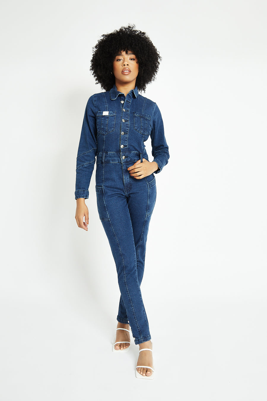 FITTED LONG SLEEVE DENIM JUMPSUIT - DARK BLUE WASH -  Women's Denim Jumpsuits